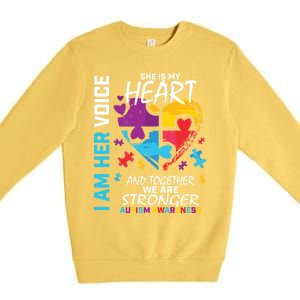 I Am Her Voice She Is My Heart Autism Awareness Puzzle Piece Cool Gift Premium Crewneck Sweatshirt