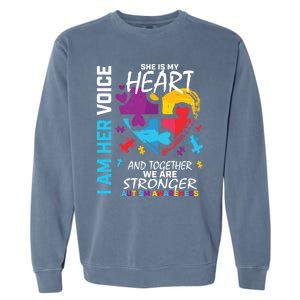 I Am Her Voice She Is My Heart Autism Awareness Puzzle Piece Cool Gift Garment-Dyed Sweatshirt