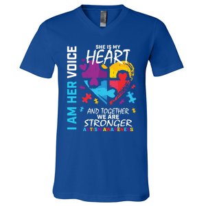 I Am Her Voice She Is My Heart Autism Awareness Puzzle Piece Cool Gift V-Neck T-Shirt