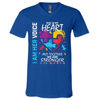 I Am Her Voice She Is My Heart Autism Awareness Puzzle Piece Cool Gift V-Neck T-Shirt