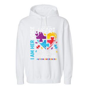 I Am Her Voice She Is My Heart Autism Awareness Puzzle Piece Cool Gift Garment-Dyed Fleece Hoodie