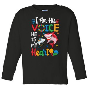 I Am His Voice He Is My Heart Autism Awareness Autism Daddy Mommy Shark Toddler Long Sleeve Shirt