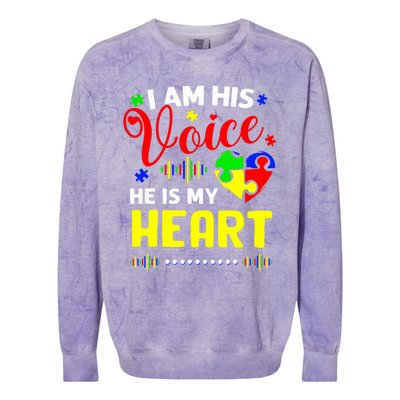 I Am His Voice He Is My Heart Autism Awareness Mom Dad Colorblast Crewneck Sweatshirt