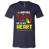 I Am His Voice He Is My Heart Autism Awareness Mom Dad V-Neck T-Shirt