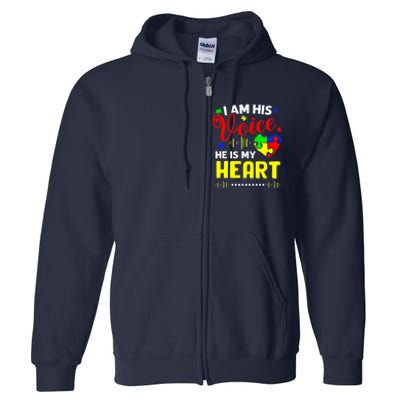 I Am His Voice He Is My Heart Autism Awareness Mom Dad Full Zip Hoodie