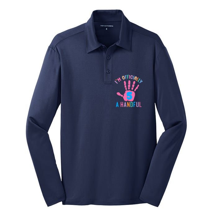 IM A Handful Five 5th Birthday Girl Boy Silk Touch Performance Long Sleeve Polo