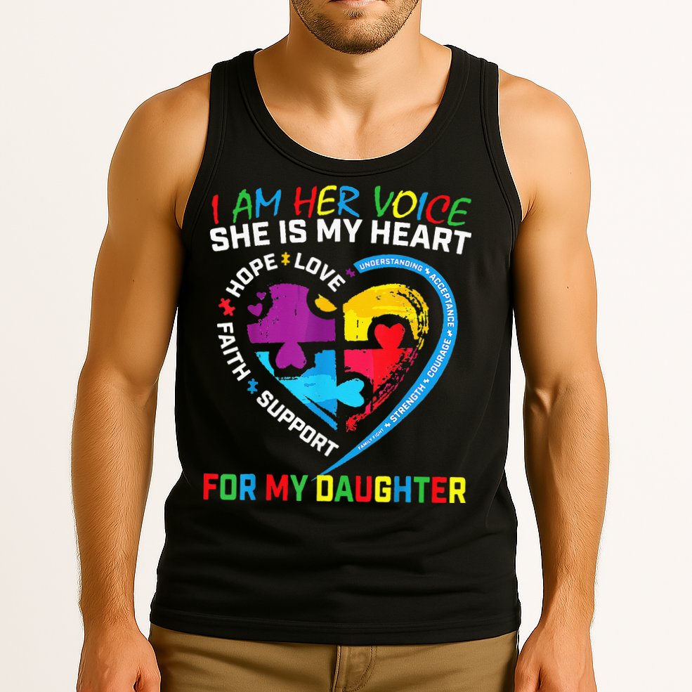 I Am Her Voice Daughter Autism Awareness Mom Dad Puzzle Tank Top
