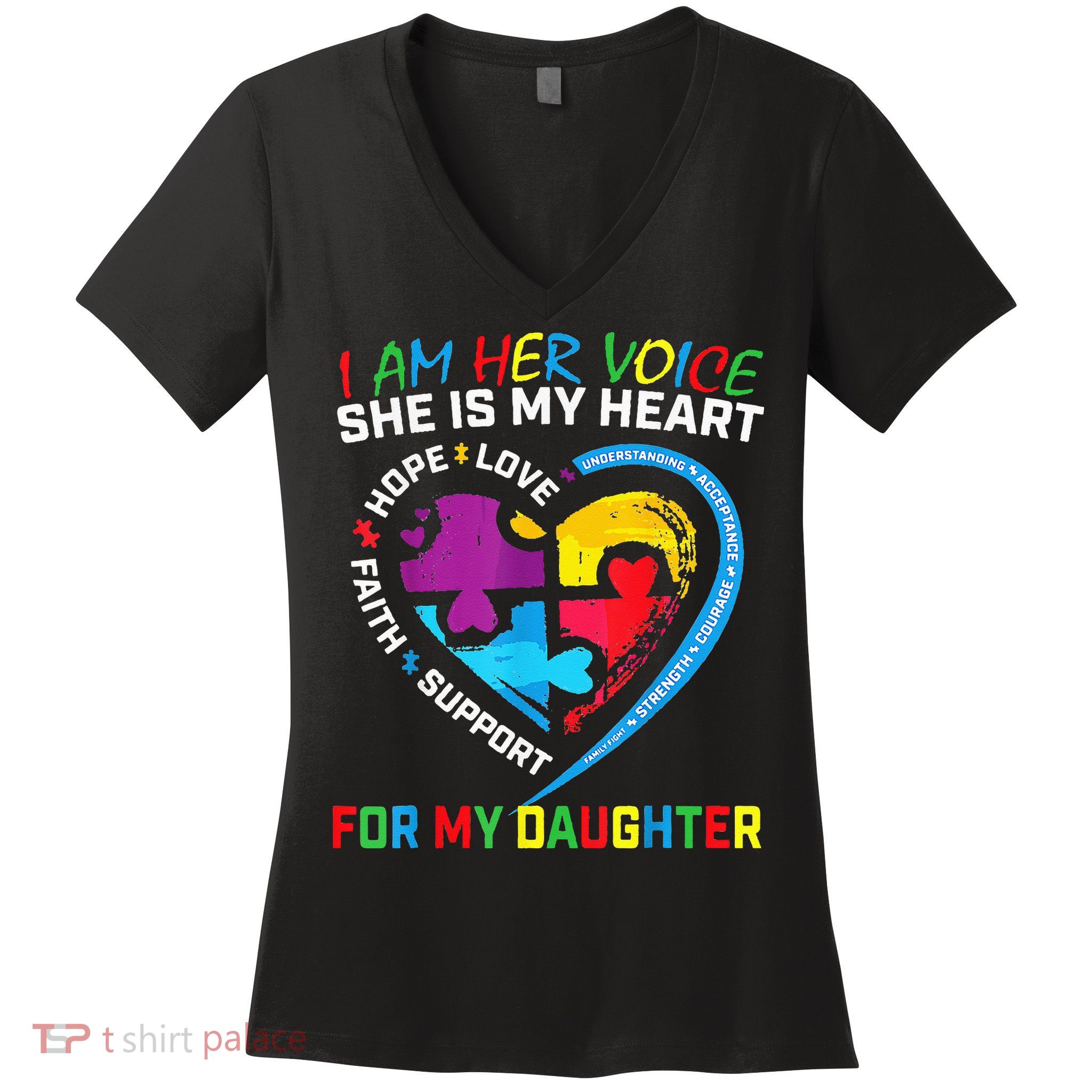 I Am Her Voice Daughter Autism Awareness Mom Dad Puzzle Women's V-Neck T-Shirt