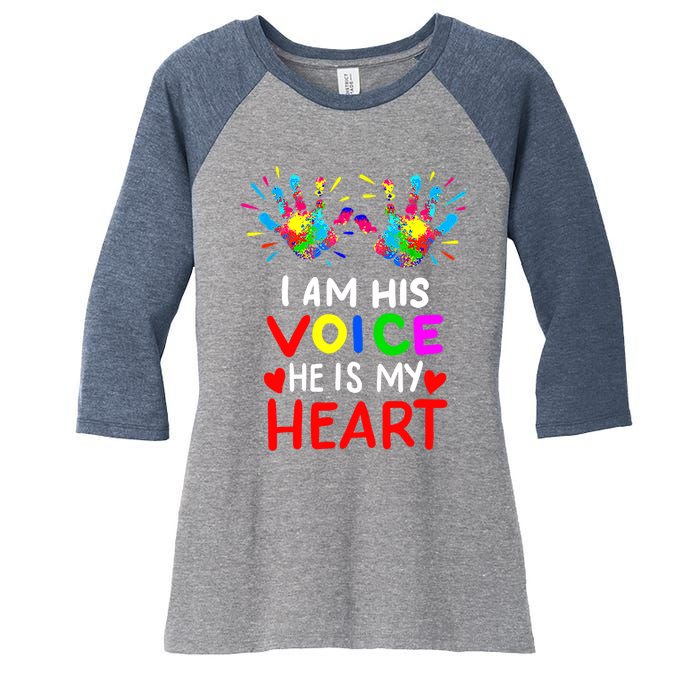 I Am His Voice He Is My Heart Mom Autistic Autism Awareness Women's Tri-Blend 3/4-Sleeve Raglan Shirt