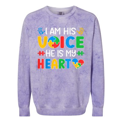 I Am His Voice He Is My Heart Autism Mom Mama Autism Daddy Papa Autism Awareness Colorblast Crewneck Sweatshirt