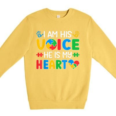 I Am His Voice He Is My Heart Autism Mom Mama Autism Daddy Papa Autism Awareness Premium Crewneck Sweatshirt