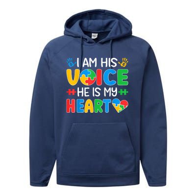 I Am His Voice He Is My Heart Autism Mom Mama Autism Daddy Papa Autism Awareness Performance Fleece Hoodie