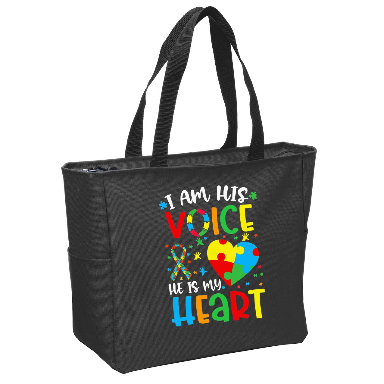 I am His Voice Mom Mama Autistic Autism Awareness Month Zip Tote Bag