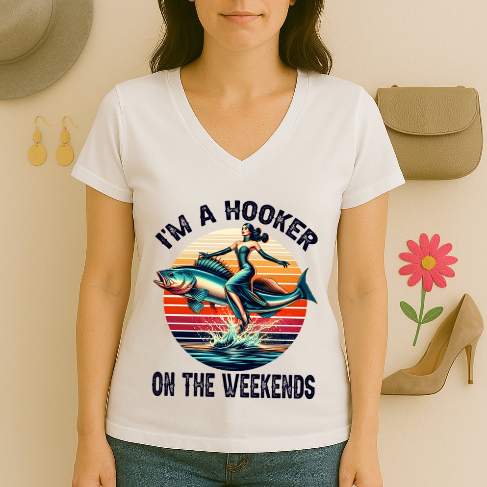 IM A Hooker On The Weekends Funny Fishing Dirty Adult Jokes Women's V-Neck T-Shirt