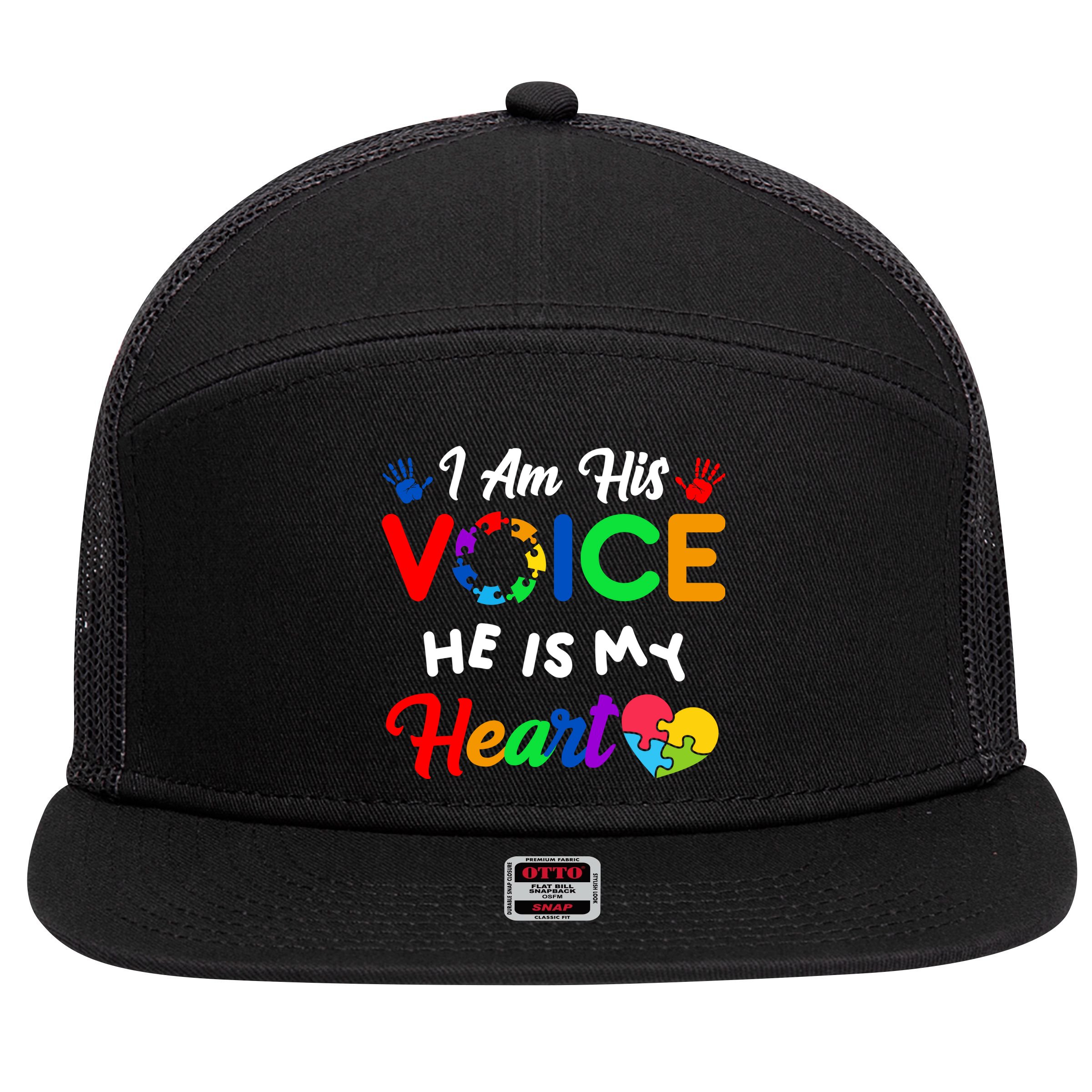 I Am His Voice He Is My Heart Autism Awareness 7 Panel Mesh Trucker Snapback Hat