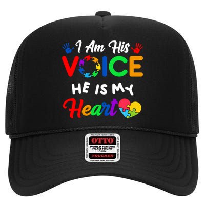 I Am His Voice He Is My Heart Autism Awareness High Crown Mesh Back Trucker Hat