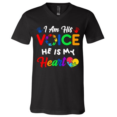 I Am His Voice He Is My Heart Autism Awareness V-Neck T-Shirt