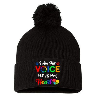 I Am His Voice He Is My Heart Autism Awareness Pom Pom 12in Knit Beanie