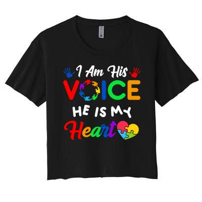 I Am His Voice He Is My Heart Autism Awareness Women's Crop Top Tee