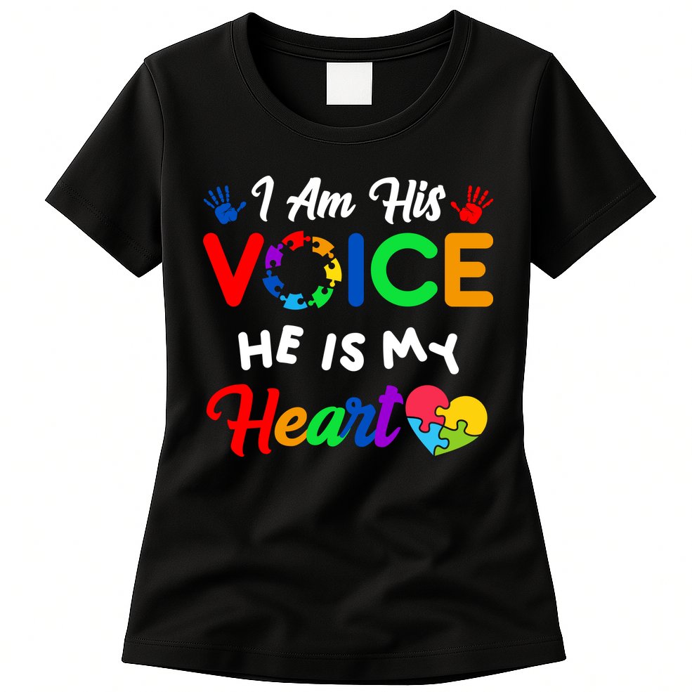 I Am His Voice He Is My Heart Autism Awareness Womens T-Shirt