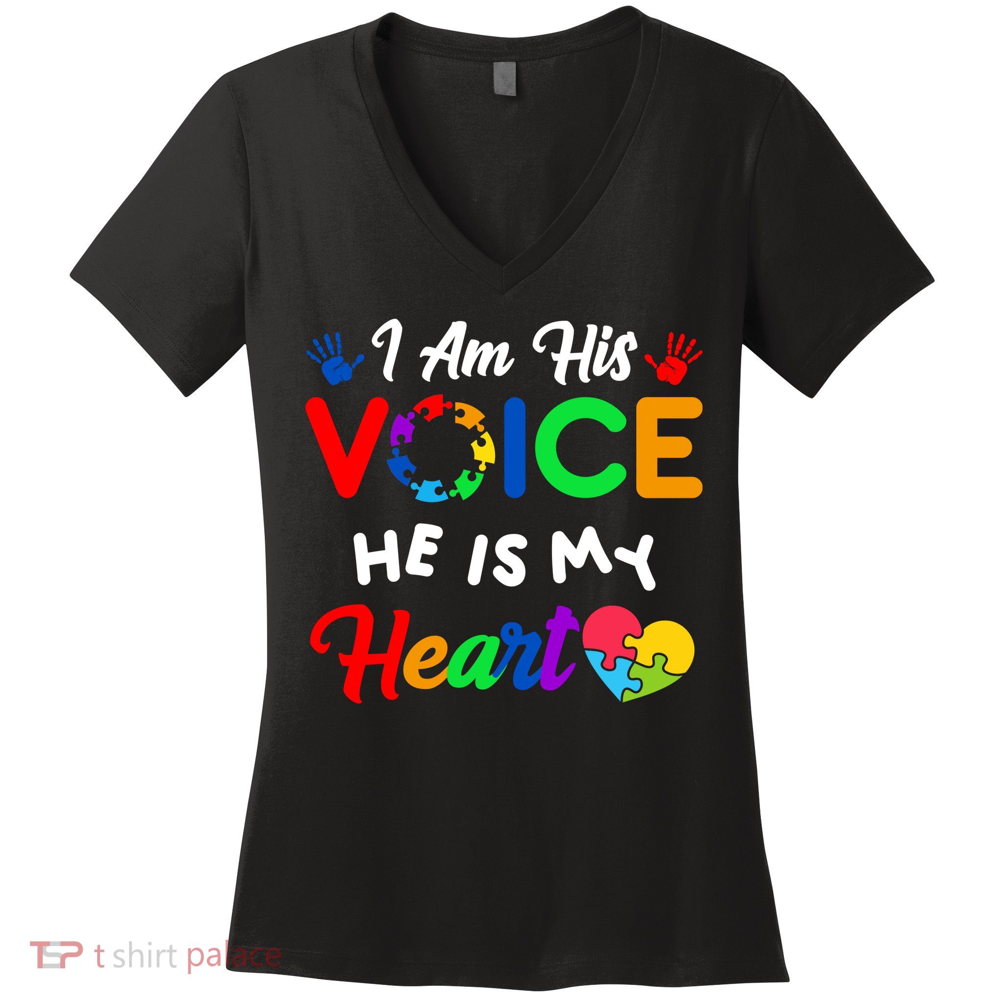 I Am His Voice He Is My Heart Autism Awareness Women's V-Neck T-Shirt