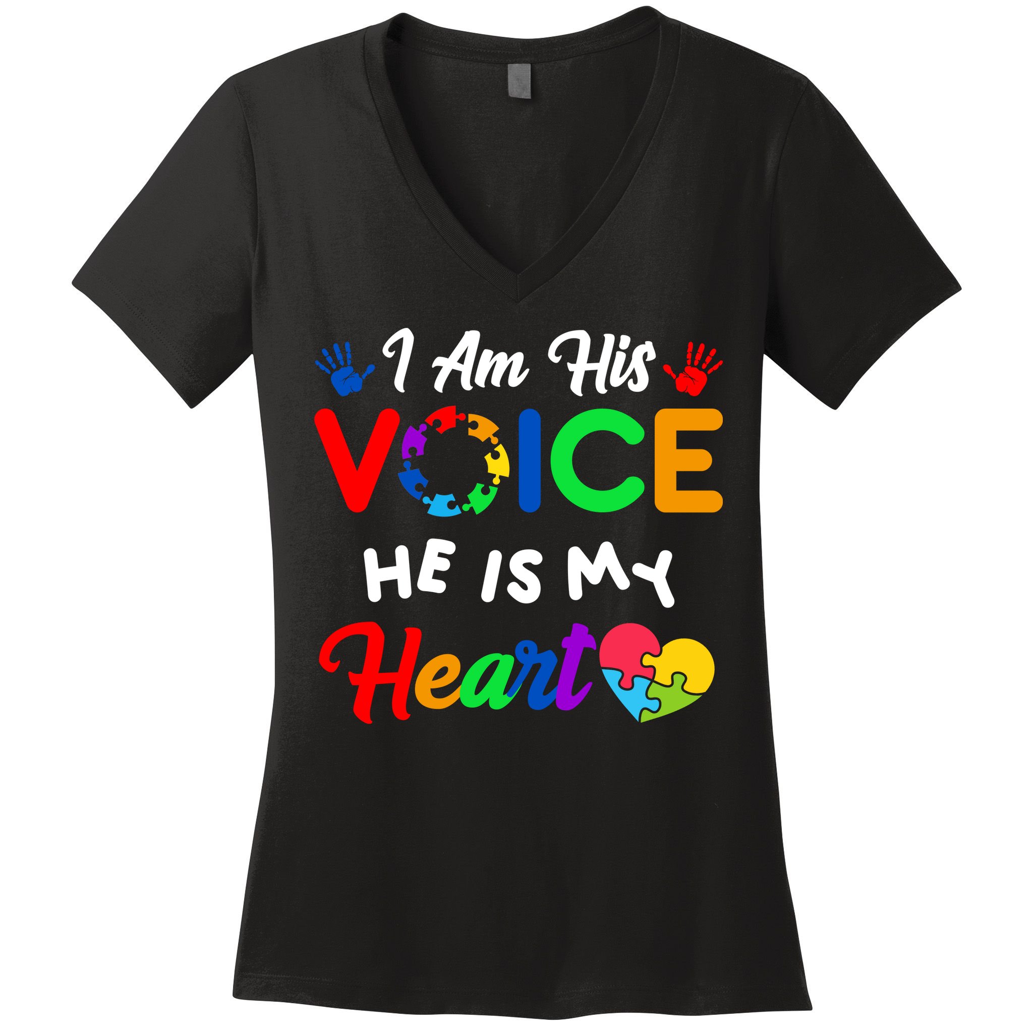 I Am His Voice He Is My Heart Autism Awareness Women's V-Neck T-Shirt