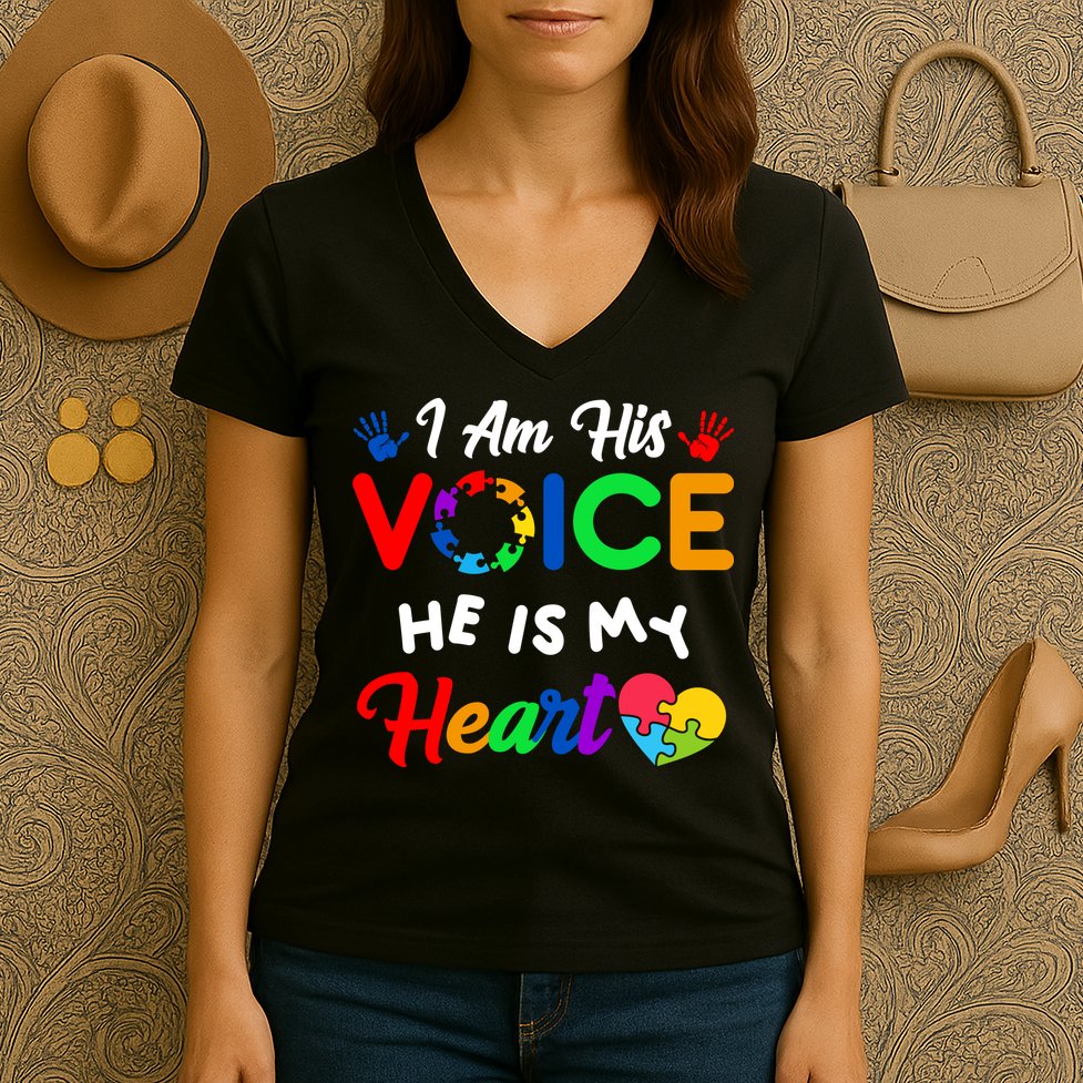 I Am His Voice He Is My Heart Autism Awareness Women's V-Neck T-Shirt