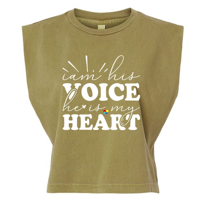 I Am His Voice He Is My Heart Autism Awareness Garment-Dyed Women's Muscle Tee