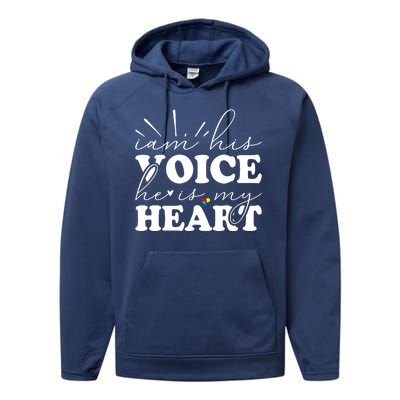 I Am His Voice He Is My Heart Autism Awareness Performance Fleece Hoodie