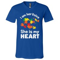 I Am His Voice He Is My Heart Autism Awareness Mom Dad Cute Gift V-Neck T-Shirt