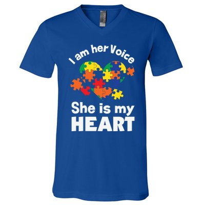 I Am His Voice He Is My Heart Autism Awareness Mom Dad Cute Gift V-Neck T-Shirt