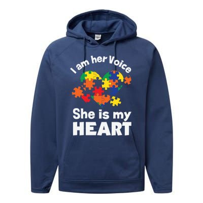 I Am His Voice He Is My Heart Autism Awareness Mom Dad Cute Gift Performance Fleece Hoodie