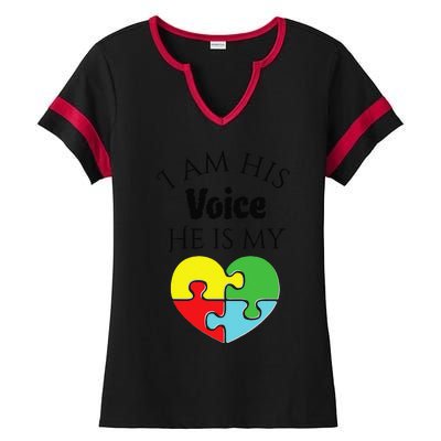 I Am His Voice He Is My Heart Autism Awareness Love Ladies Halftime Notch Neck Tee