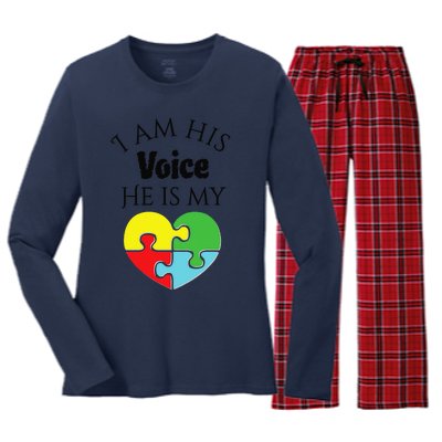 I Am His Voice He Is My Heart Autism Awareness Love Women's Long Sleeve Flannel Pajama Set 