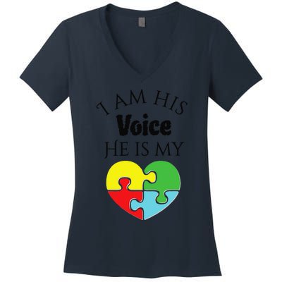 I Am His Voice He Is My Heart Autism Awareness Love Women's V-Neck T-Shirt