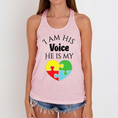 I Am His Voice He Is My Heart Autism Awareness Love Women's Knotted Racerback Tank