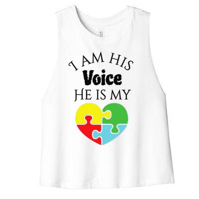 I Am His Voice He Is My Heart Autism Awareness Love Women's Racerback Cropped Tank