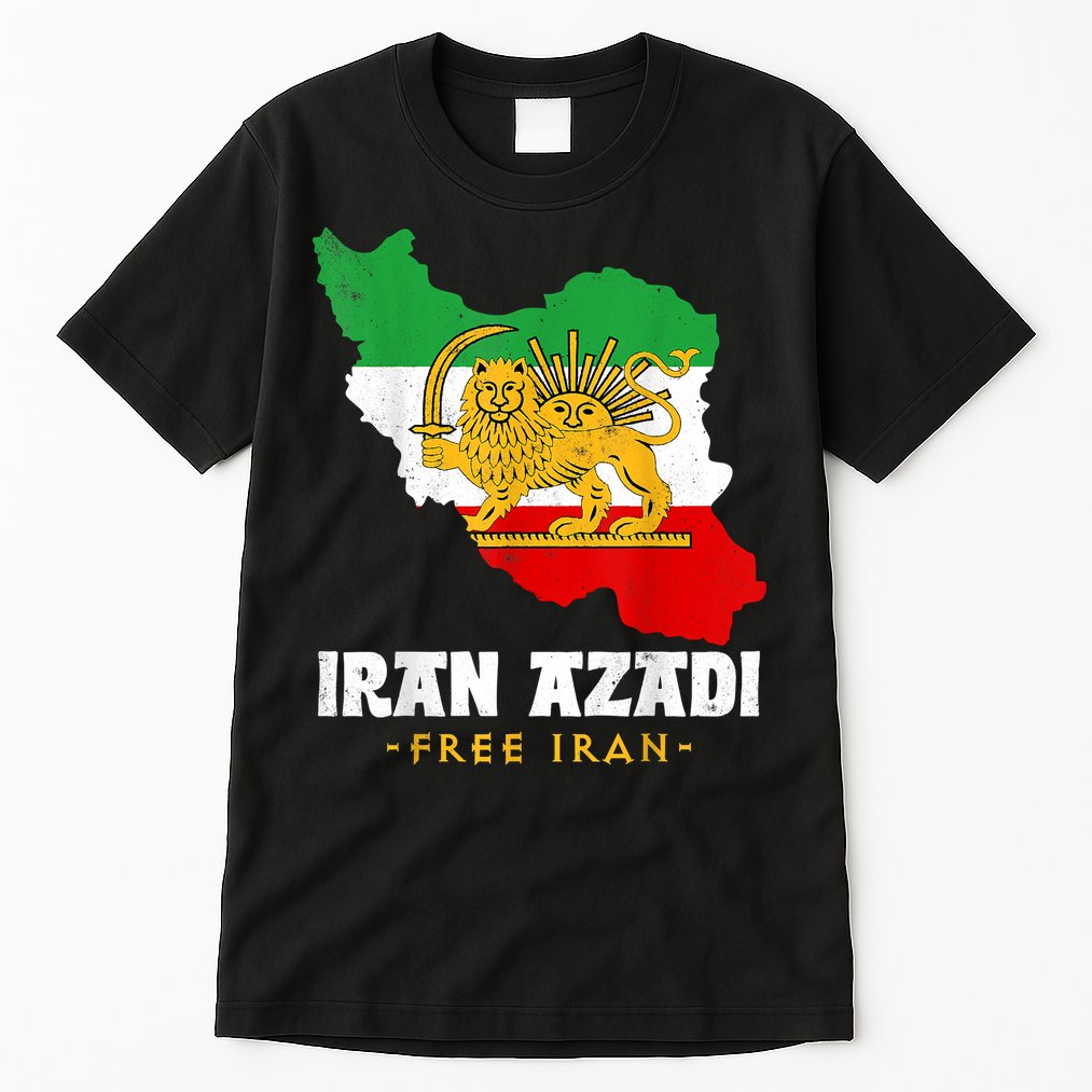 IRAN AZADI Iran Flag Map Lion Sun Sword Free Iran Revolution Tall T-Shirt