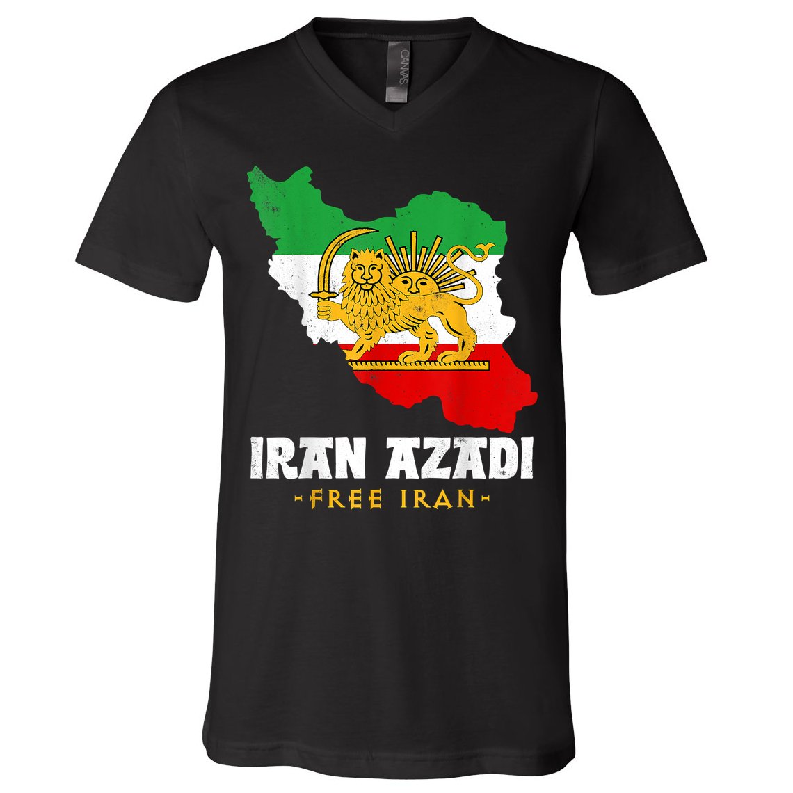 IRAN AZADI Iran Flag Map Lion Sun Sword Free Iran Revolution V-Neck T-Shirt