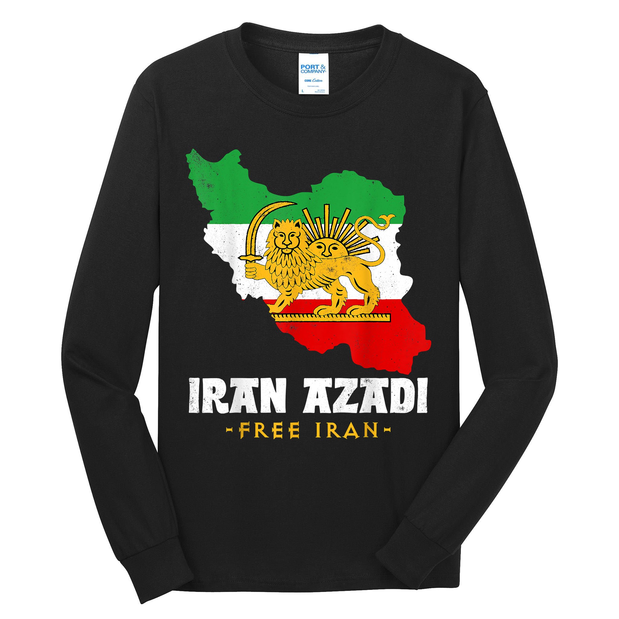 IRAN AZADI Iran Flag Map Lion Sun Sword Free Iran Revolution Tall Long Sleeve T-Shirt
