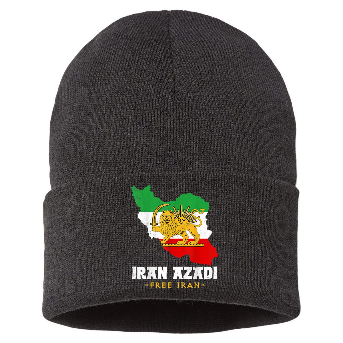 IRAN AZADI Iran Flag Map Lion Sun Sword Free Iran Revolution Sustainable Knit Beanie