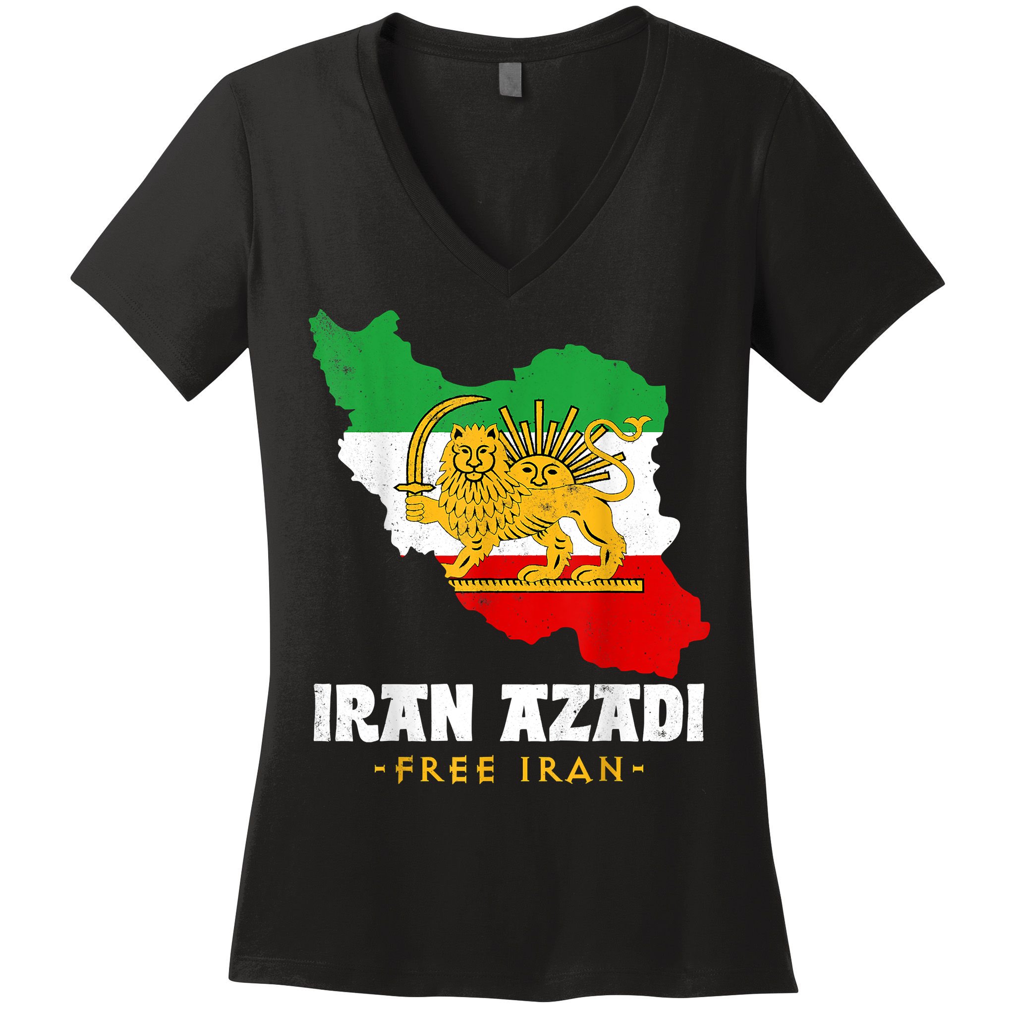 IRAN AZADI Iran Flag Map Lion Sun Sword Free Iran Revolution Women's V-Neck T-Shirt