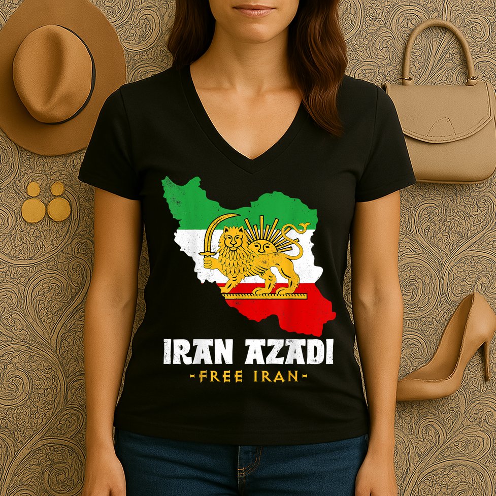IRAN AZADI Iran Flag Map Lion Sun Sword Free Iran Revolution Women's V-Neck T-Shirt