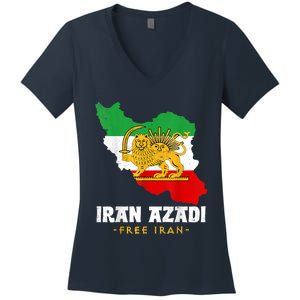 IRAN AZADI Iran Flag Map Lion Sun Sword Free Iran Revolution Women's V-Neck T-Shirt