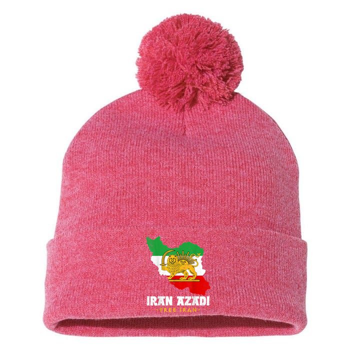 IRAN AZADI Iran Flag Map Lion Sun Sword Free Iran Revolution Pom Pom 12in Knit Beanie