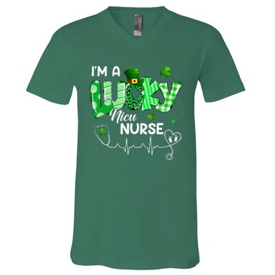 I’m A Lucky NICU Nurse Leopard Plaid Irish Clovers Patrick's V-Neck T-Shirt