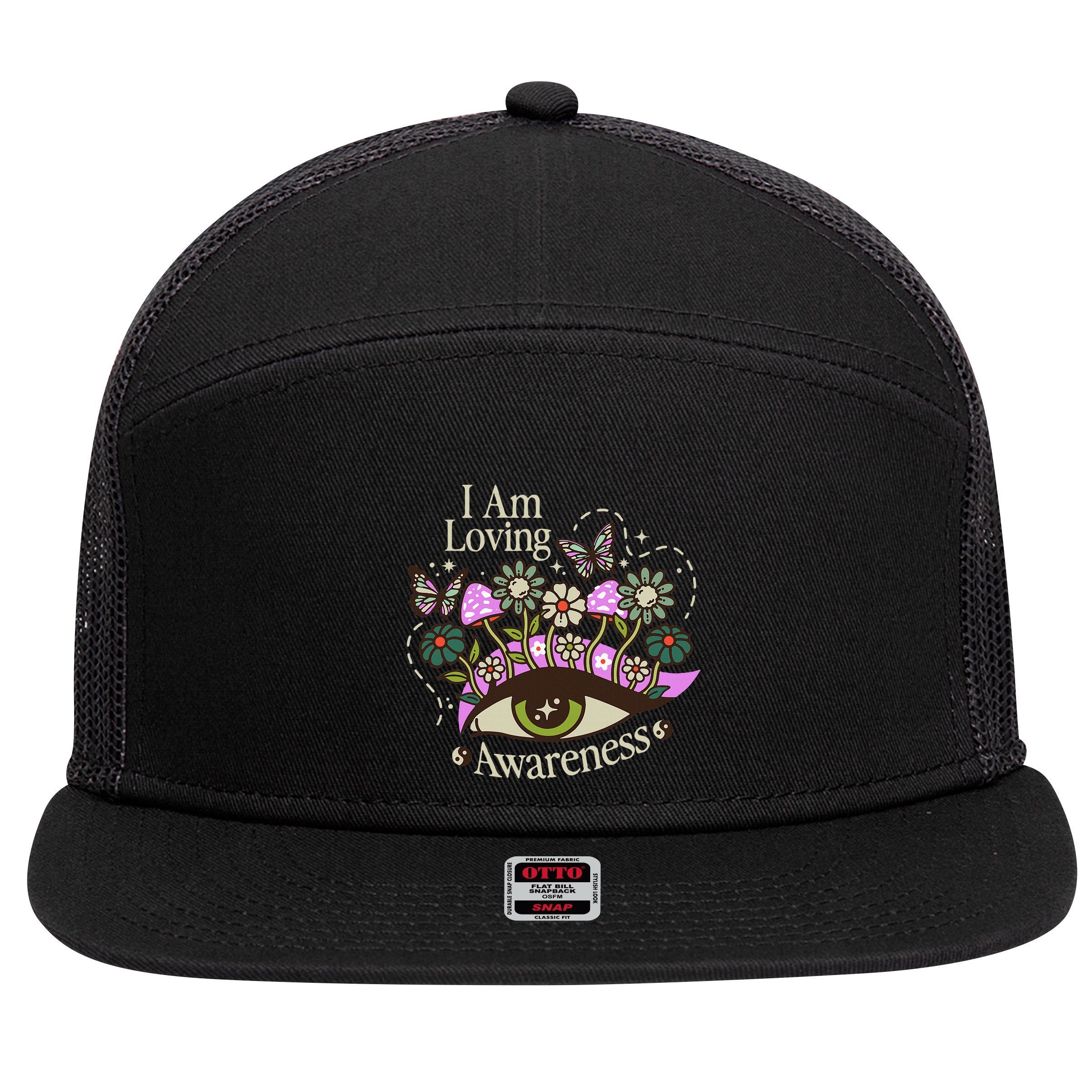 I Am Loving Awareness Ram Dass Mantra Mandala 7 Panel Mesh Trucker Snapback Hat