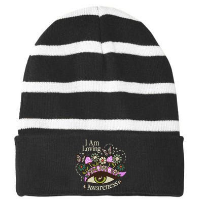 I Am Loving Awareness Ram Dass Mantra Mandala Striped Beanie with Solid Band