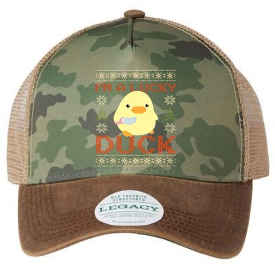 IM A Lucky Duck Ugly Christmas Funny Duck With Knife Meme Legacy Tie Dye Trucker Hat