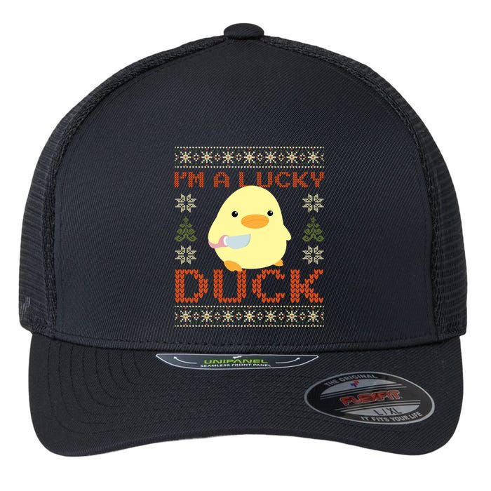 IM A Lucky Duck Ugly Christmas Funny Duck With Knife Meme Flexfit Unipanel Trucker Cap